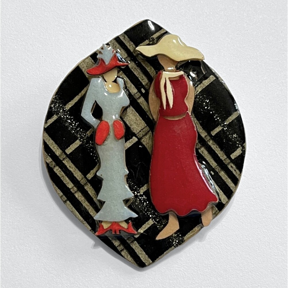 VTG Lucinda Handmade Brooch Pin Women Friends Black Gold Tone Plaid Red Dress
